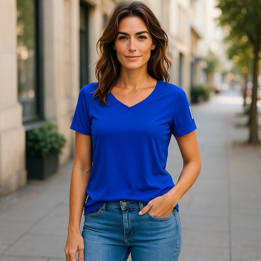 Women’s Relaxed Blue Short Sleeve Tee with rhinestones along ruched sleeves